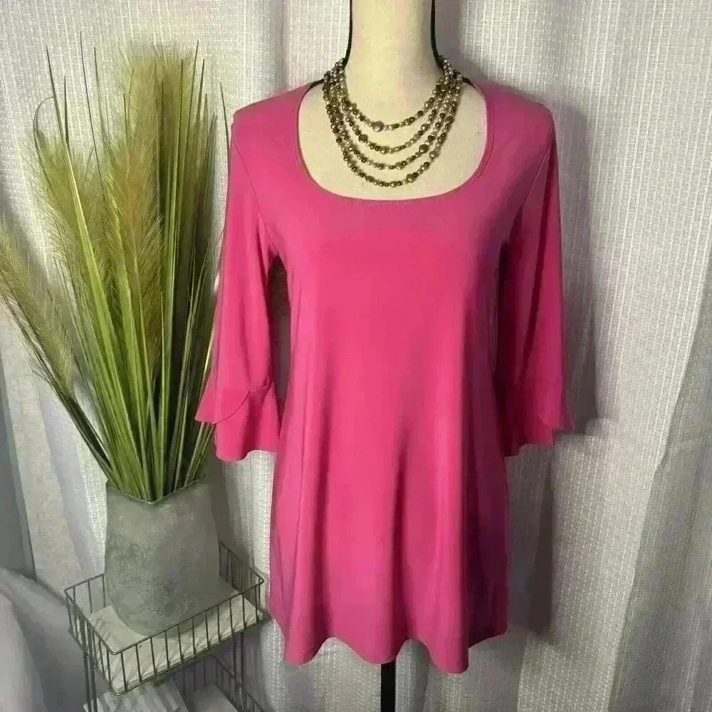 Clara Sun Woo Women’s XS Bright Pink Blouse 3/4 Bell Sleeve Tunic Top USA Made